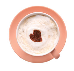 Cup of tasty cappuccino on white background