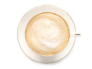 Cup of tasty cappuccino on white background