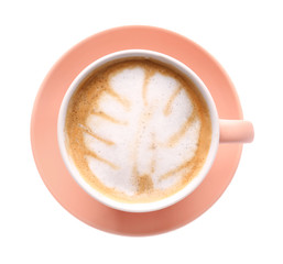 Cup of tasty cappuccino on white background