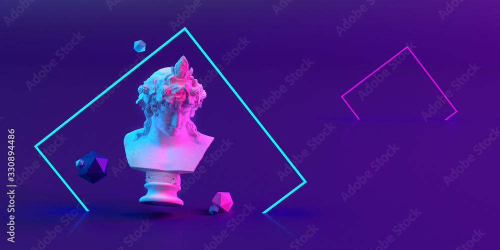 Wall mural 3d-illustration of sculpture and primitive objects on violet background