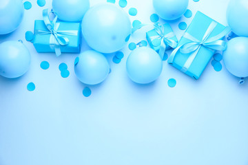 Many Birthday gifts and decor on color background