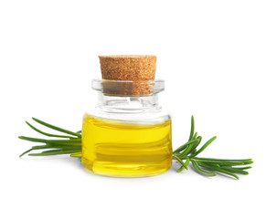 Bottle of rosemary essential oil on white background