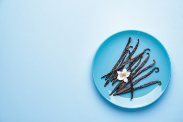 Plate with aromatic vanilla sticks on color background