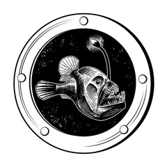 .Deep sea anglerfish in a round window porthole..Vector black and white picture in vintage style.Hand-drawn illustration of an animal against the sea depth  background.