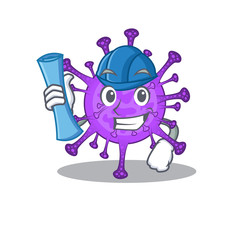 Smiling Architect of bovine coronavirus having blue prints and blue helmet