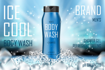Cooling men body wash gel with ice cubes elements. Realistic body wash ad for cosmetic advertising poster design. 3d vector illustration