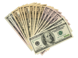 Colorful background with money US dollars of different value. Top view of business concept with finance for banks. American banknotes 5, 10, 50, 100 dollars backdrop