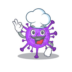 Cute bovine coronavirus cartoon character wearing white chef hat