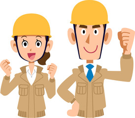 建設現場で働く男性と女性のペア　ベージュ色の作業着