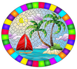 Illustration in stained glass style with a tropical sea landscape, coconut trees  on the sandy beach and a ship , oval image in bright frame