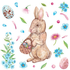 Hand-drawn watercolor set. Easter illustrations with Easter eggs, flowers, forget-me-not, daisies, Easter bunny, leaves and petals. Elements for decoration, stickers, scrap-booking, cards and design.