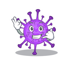 Bovine coronavirus mascot cartoon design showing Call me gesture