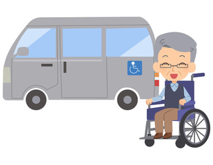介護車と車いすに乗った老人