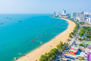 Beautiful tropical beach sea ocean bay and architecture building in Pattaya city Thailand - 330897263