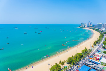 Beautiful tropical beach sea ocean bay and architecture building in Pattaya city Thailand