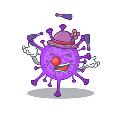 A sweet bovine coronavirus mascot cartoon style playing Juggling