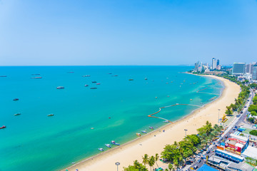 Beautiful tropical beach sea ocean bay and architecture building in Pattaya city Thailand