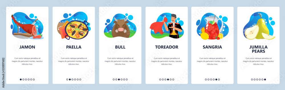 Poster spain website and mobile app onboarding screens vector template