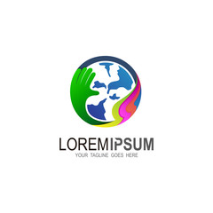 Globe logo with hand design template, Earth logo and hand icon