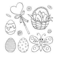 Easter set of outline illustrations, hand drawn, sketch style, simple. Butterfly, basket of eggs , buttons, lollipop in form of heart. Coloring book design elements. Poster, card template