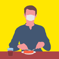 Portrait of a guy in a medical mask sitting at a table and eating from a plate on a yellow background. Illustrative Drawing