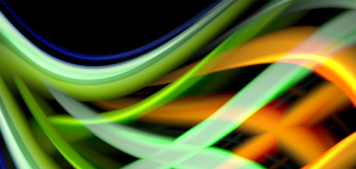 Abstract silk smooth lines on black, multicolored liquid fluid rainbow style waves on black