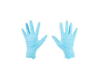 Blue rubber gloves in white background
