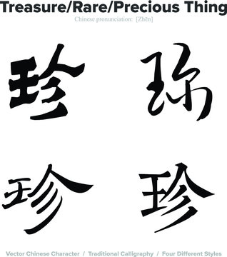 Treasure, rare, Precious Thing - Chinese Calligraphy with translation, 4 styles