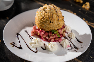 unusual dessert close-up, beautiful serving