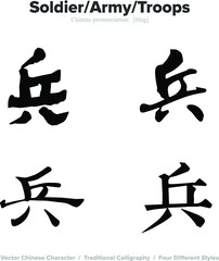 Soldier, Army, Troops - Chinese Calligraphy with translation, 4 styles