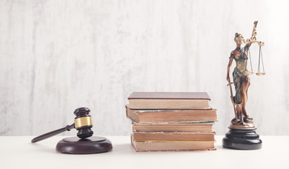  Statue of Lady Justice, gavel and books. Legal and Law