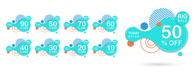 Sale tags set vector badges template, sale banners 10 off, 20 , 90, 80, 30, 40, 50, 60, 70 percent sale label symbols, discount promotion flat icon with long shadow, clearance sale sticker emblem.