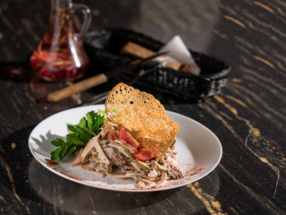 caesar salad with lettuce chicken breast tomato cucumber cheese and sauce