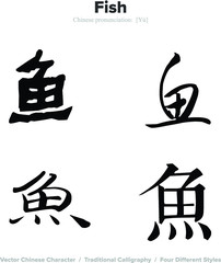 Fish - Chinese Calligraphy with translation, 4 styles