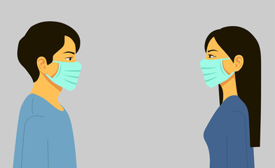 Epidemic. Novel coronavirus 2019-nCoV, man and woman in blue medical face mask. Concept of coronavirus quarantine. Vector illustration flat design. Isolated.