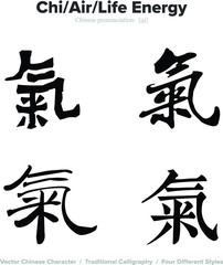 Air, Life Energy, Chi - Chinese Calligraphy with translation, 4 styles - obrazy, fototapety, plakaty
