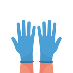 Hands putting on protective blue gloves. Latex gloves as a symbol of protection against viruses and bacteria. Precaution icon. Vector illustration flat design. Isolated on white background.