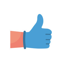 Medical Like icon. Human hand in blue glove with thumb up. Vector illustration flat design. Isolated on white background. Quarantined man in protective gloves.
