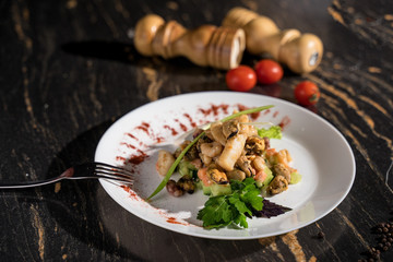 mussel squid shrimp seafood salad, restaurant serving, bar serving