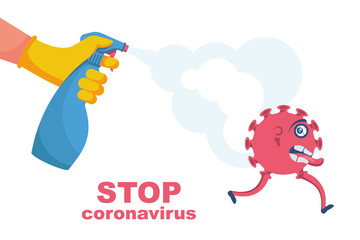 Man in gloves holds bottle of antiseptic spray. Prevention controlling epidemic of coronavirus covid-2019. Worker in chemical protection disinfects. Vector flat design. Cleaner in hand. Runaway virus.
