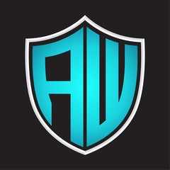 AW Logo monogram with shield shape isolated blue colors on outline design template