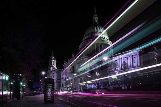St Paul's Cathedral at night with light streaks illuminating the foreground. Cyberpunk colours