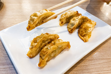 Japanese street food, kyoza. Fried dumplings