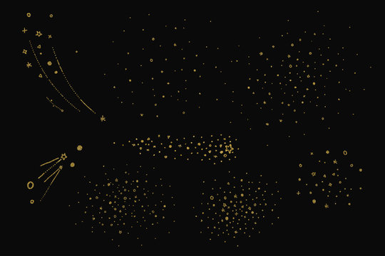 Vector hand drawn golden, shiny and glitter stars in clusters. Vector Golden Star brush on black background