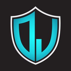 DJ Logo monogram with shield shape isolated blue colors on outline design template