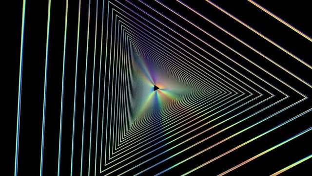 holographic triangular tunnel moving into the distance, holographic geometric background, abstract three-dimensional background with metal spectral radiance, long tunnel