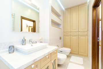 Naklejka na ściany i meble bathroom with elegant rectangular washbasin, toilet and shower. Mirror with light on top. The white tile.