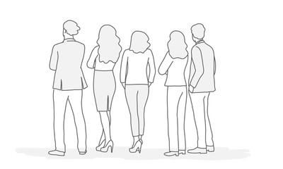 Hand drawn vector illustration of people standing with their backs turned.