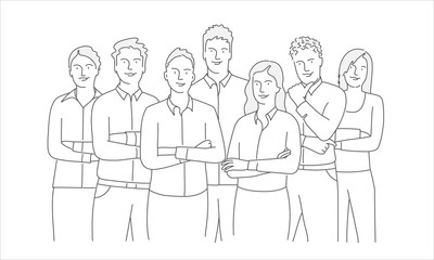 Line drawing of standing team with arms crossed. Vector illustration business concept.