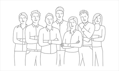 Line drawing of standing team with arms crossed. Vector illustration business concept.